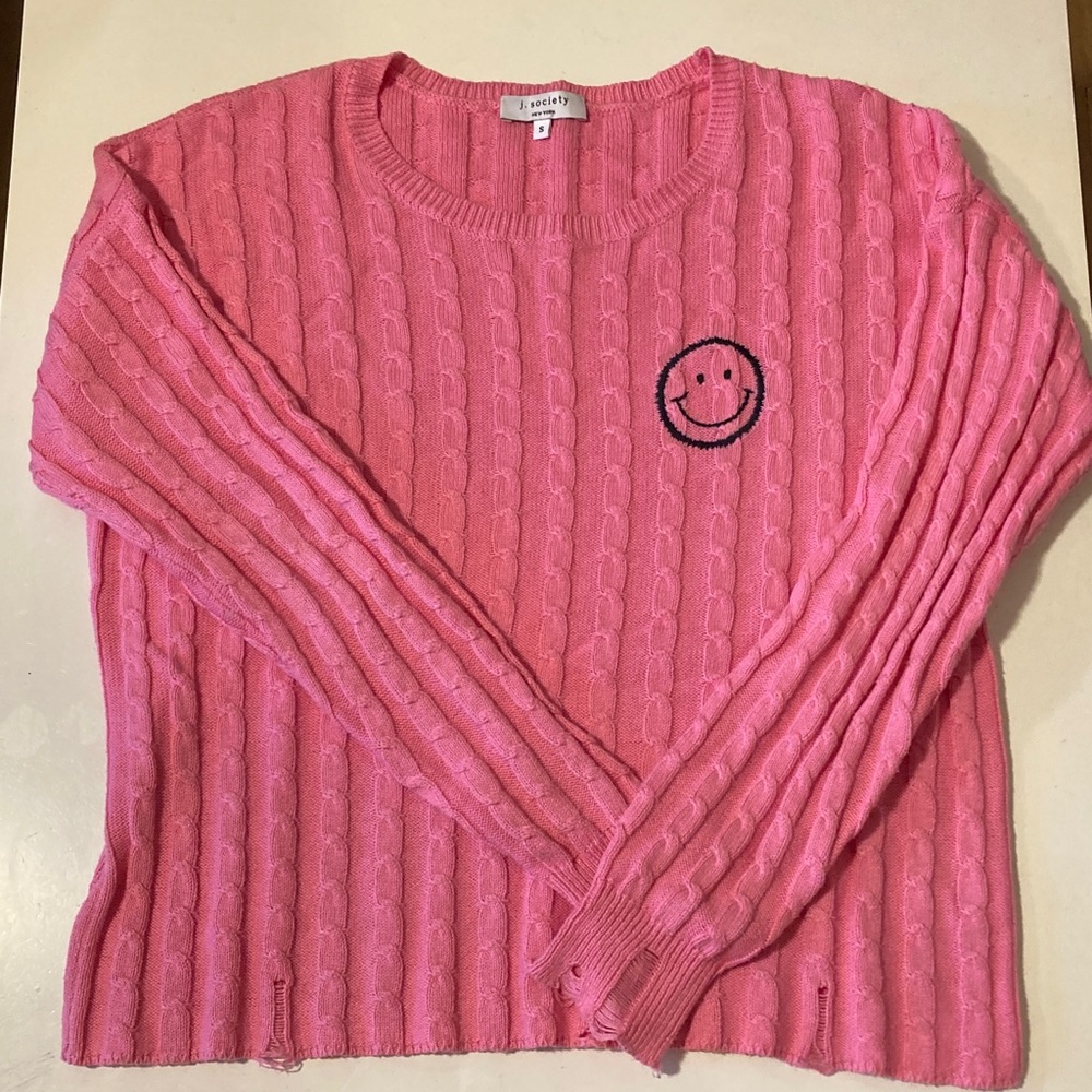 J. Society Distressed Cable Varsity Smiley Crew Sweater Small Pink - Picture 4 of 6